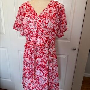 Lane Bryant Floral Red Wrap Dress Zip Back with Tie Flutter Sleeves